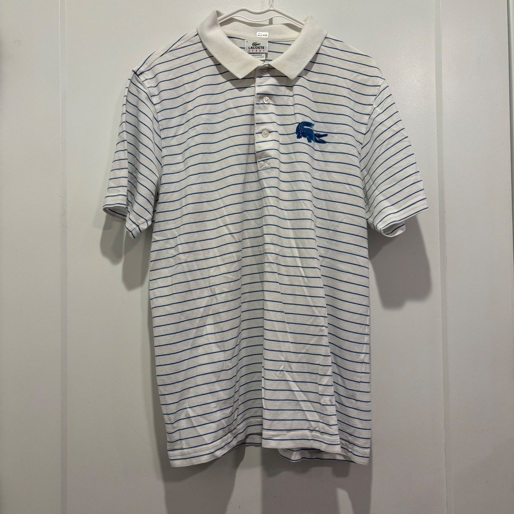 Lacoste Sport Mens Striped Polo Shirt White Blue Logo Size 6 XL RN 87651